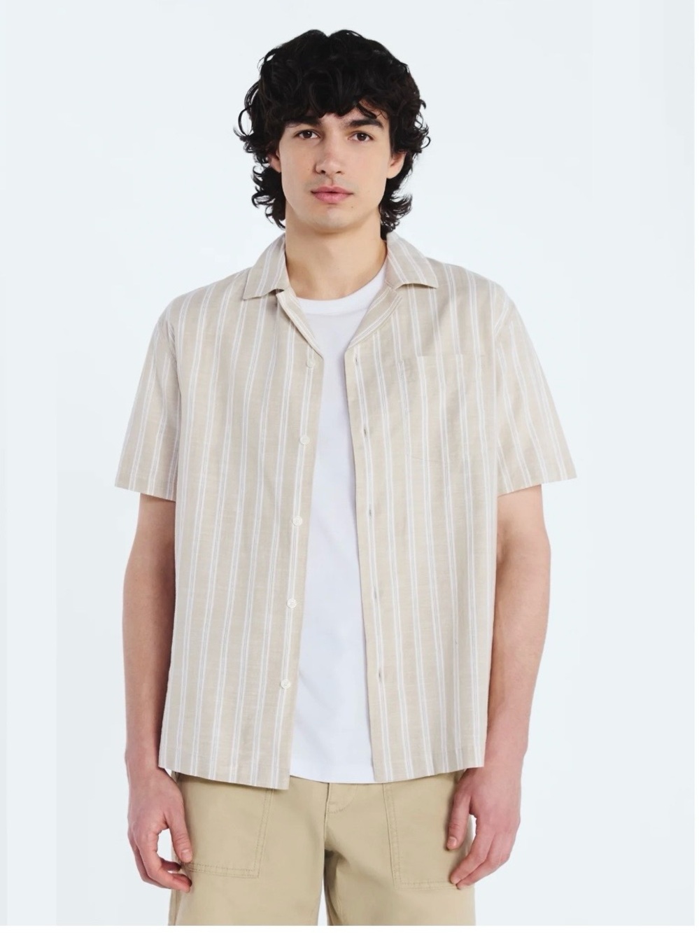 Free Assembly Men's Striped Cotton Camp Shirt with Short Sleeves